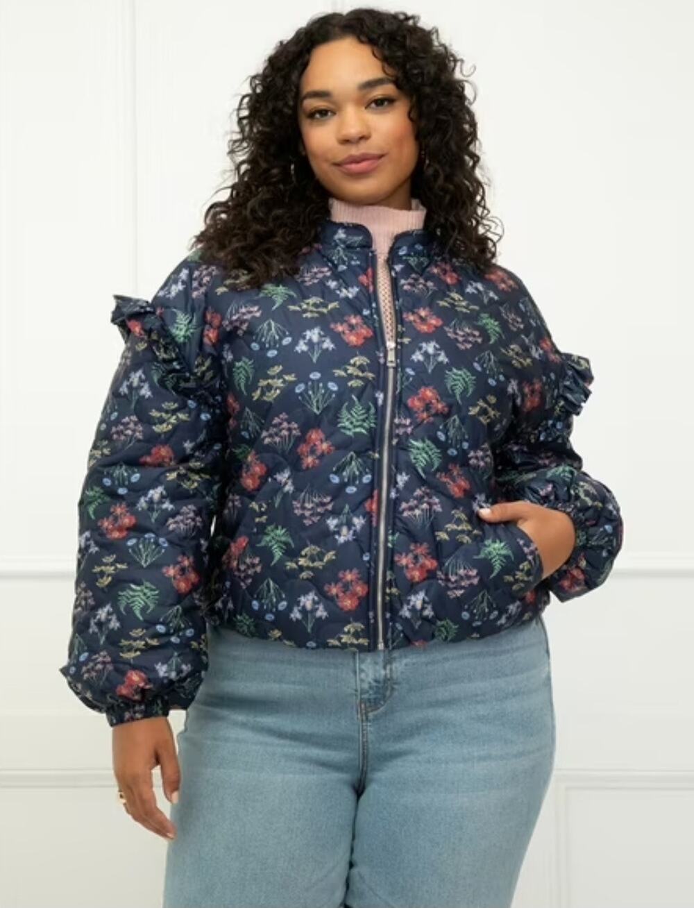 New Eloquii Elements blue floral quilted puffer coat size 14/16 Ski Outdoors
